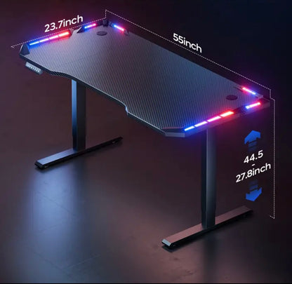 Bureau Électrique Réglable en Hauteur avec Lumières LED RGB & Crochet pour Casque