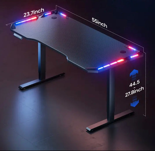 Bureau Électrique Réglable en Hauteur avec Lumières LED RGB & Crochet pour Casque
