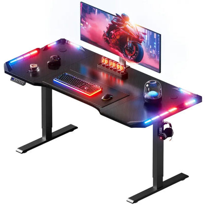 Bureau Électrique Réglable en Hauteur avec Lumières LED RGB & Crochet pour Casque
